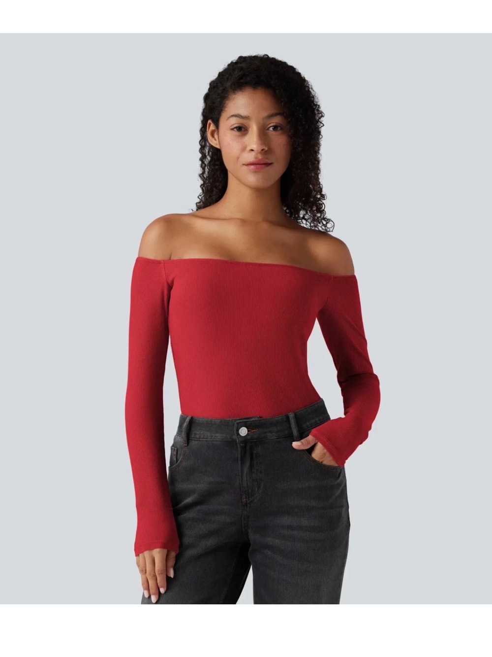 HALARA Off-Shoulder Ribbed Top - Red